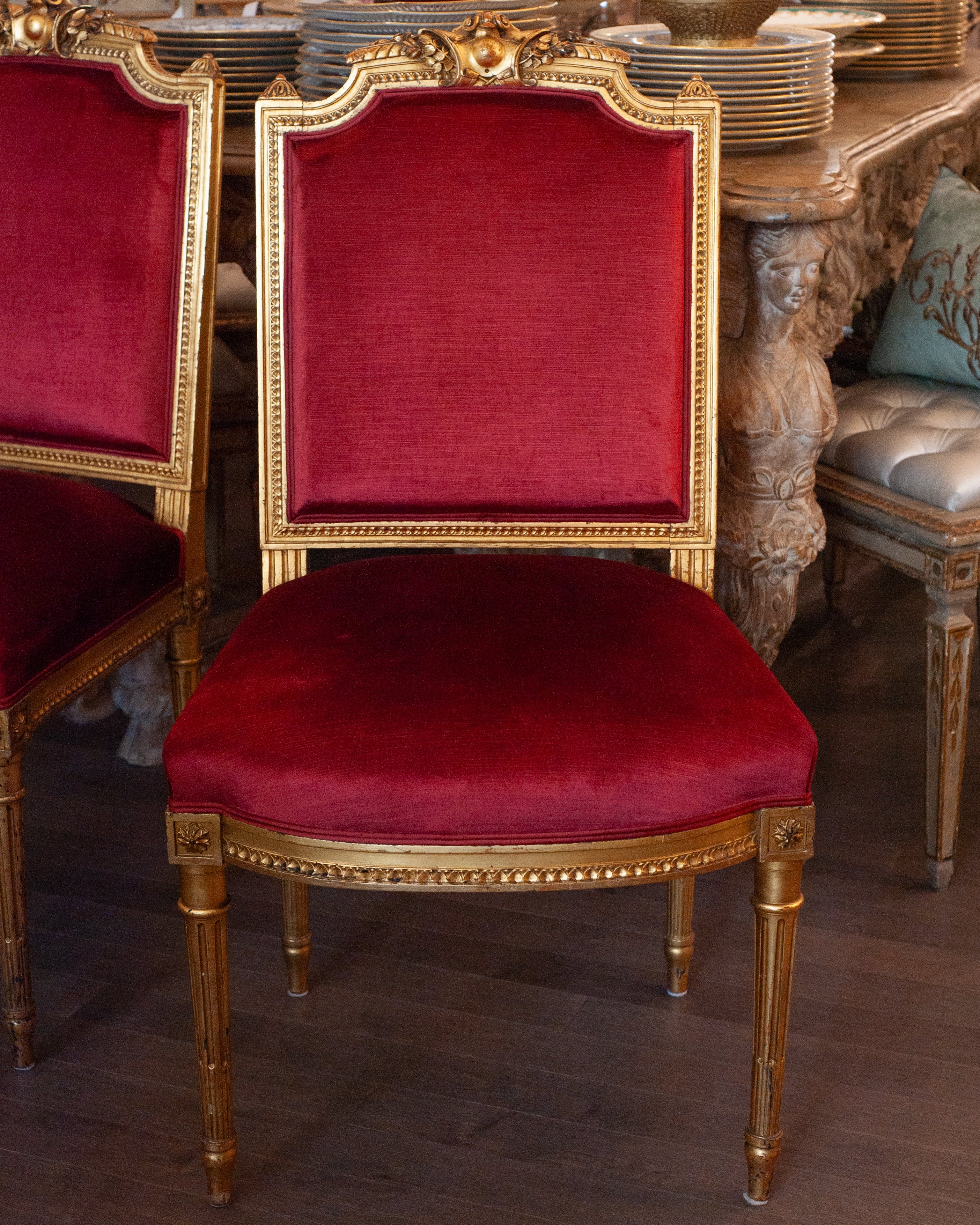ANTIQUE PAIR OF FRENCH GILDED CHAIRS REUPHOLSTERED IN RED VELVET