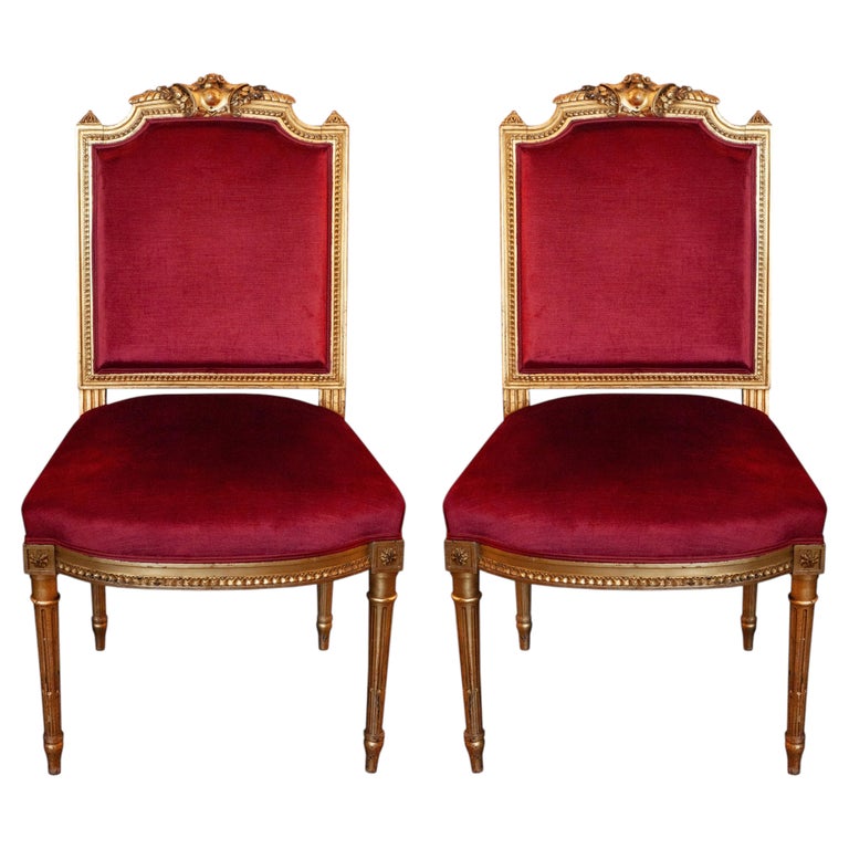 ANTIQUE PAIR OF FRENCH GILDED CHAIRS REUPHOLSTERED IN RED VELVET