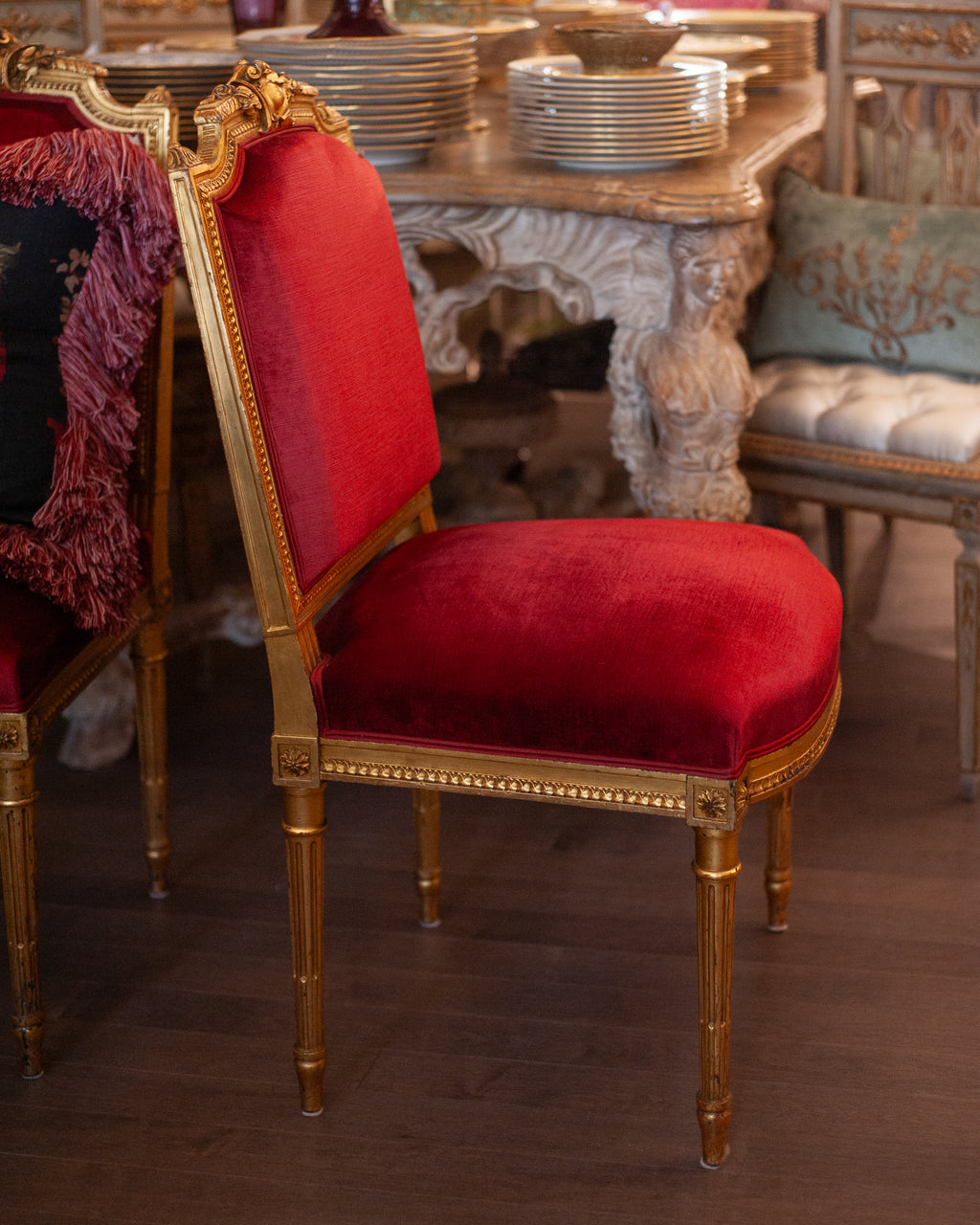 ANTIQUE PAIR OF FRENCH GILDED CHAIRS REUPHOLSTERED IN RED VELVET