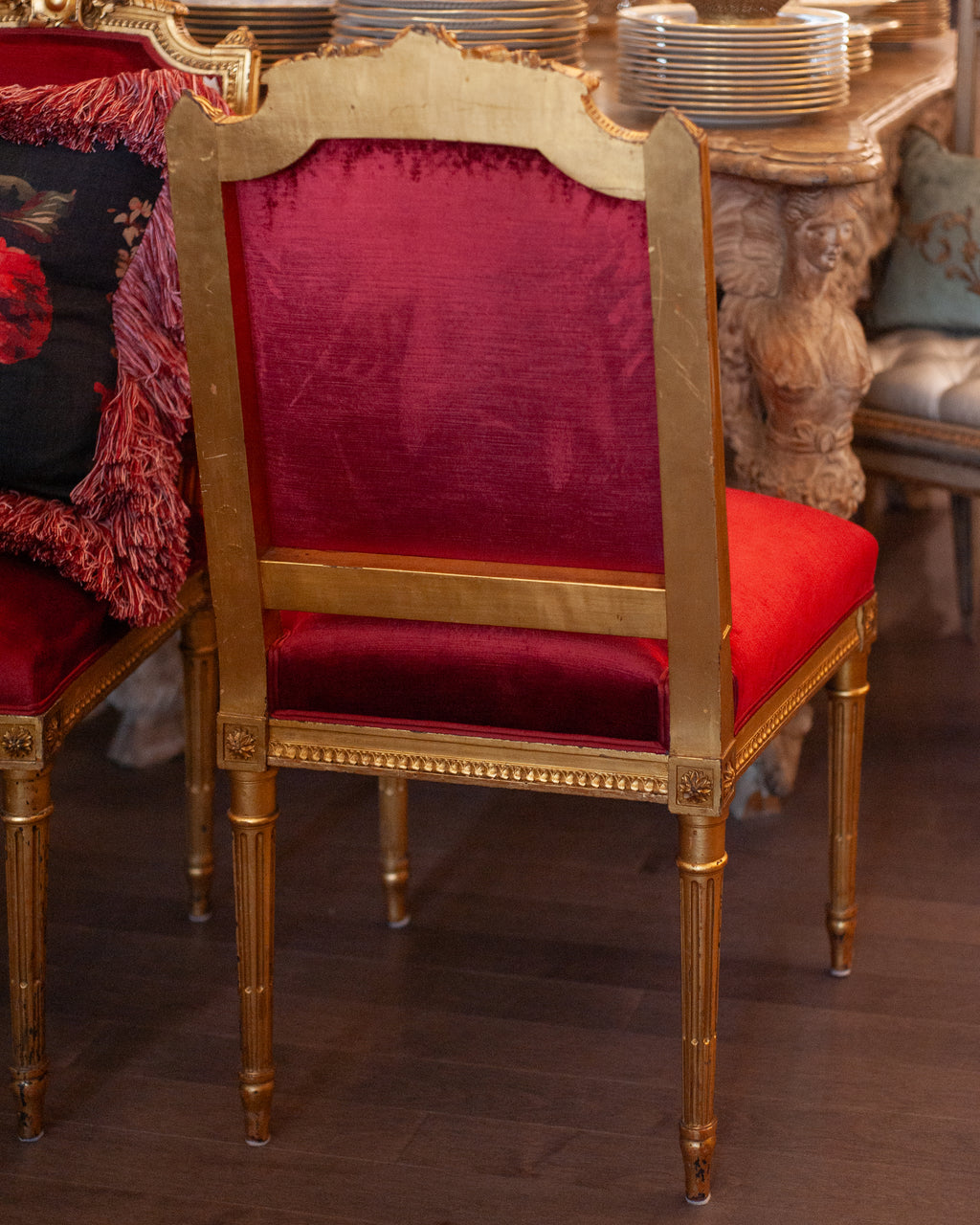 ANTIQUE PAIR OF FRENCH GILDED CHAIRS REUPHOLSTERED IN RED VELVET