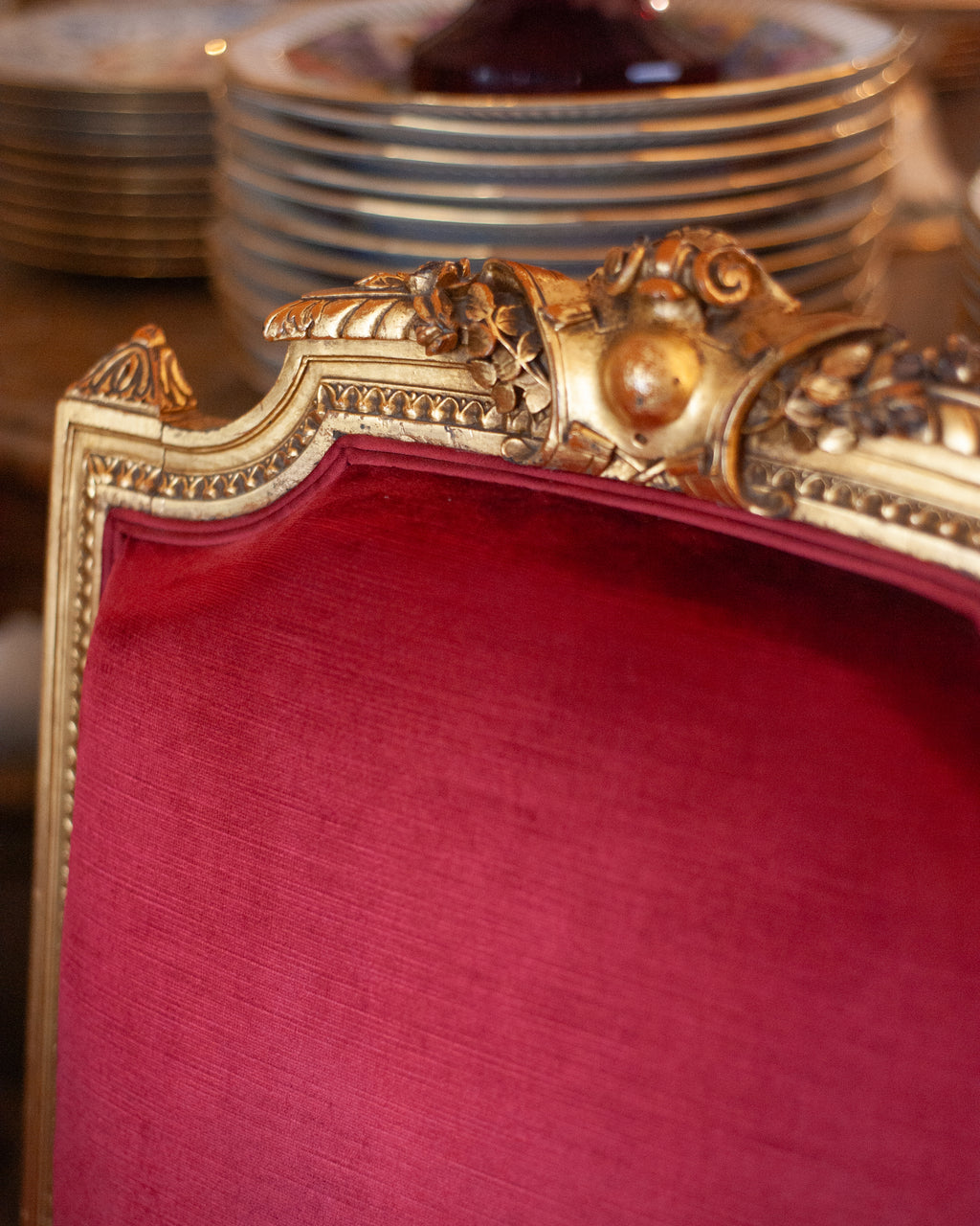 ANTIQUE PAIR OF FRENCH GILDED CHAIRS REUPHOLSTERED IN RED VELVET