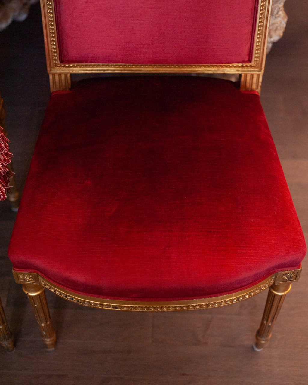 ANTIQUE PAIR OF FRENCH GILDED CHAIRS REUPHOLSTERED IN RED VELVET