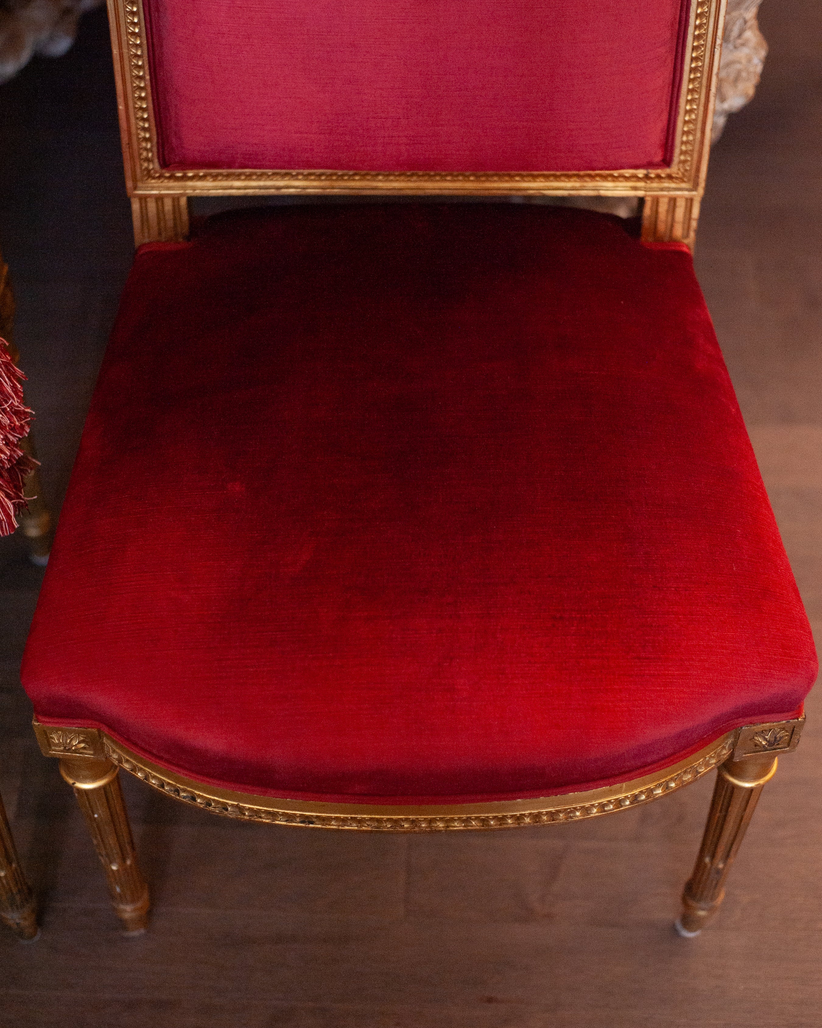 ANTIQUE PAIR OF FRENCH GILDED CHAIRS REUPHOLSTERED IN RED VELVET
