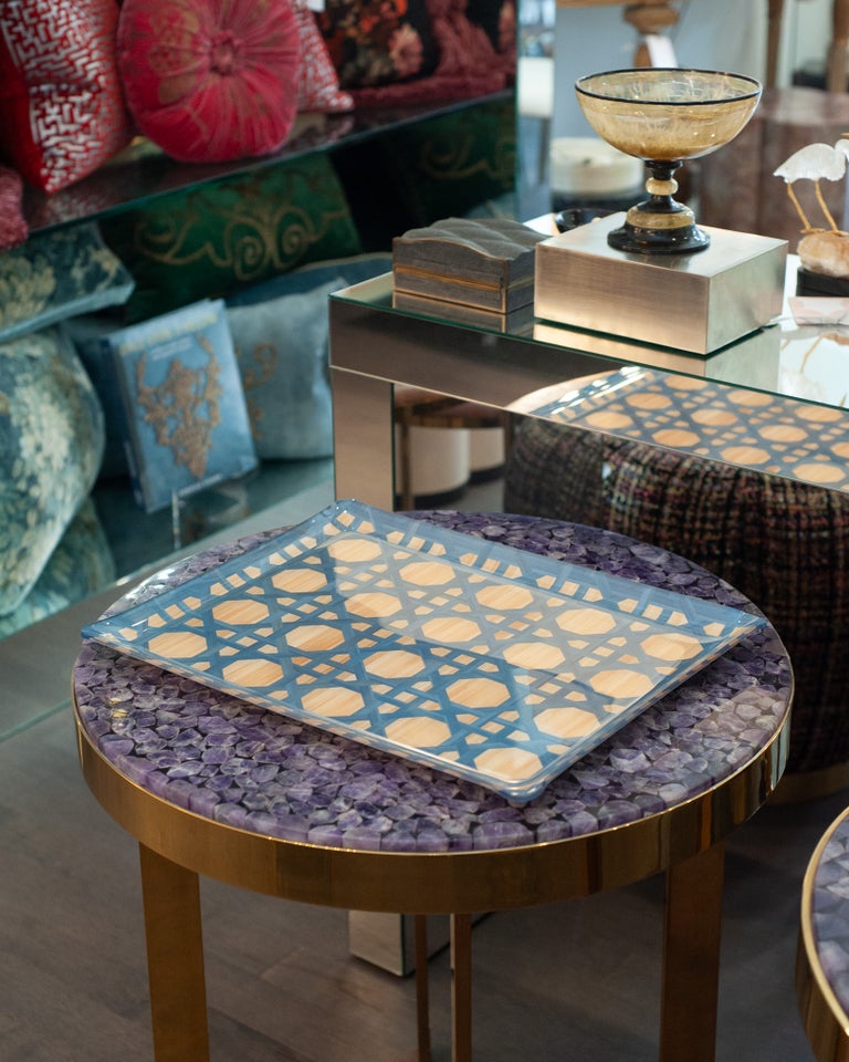CONTEMPORARY WOVEN CANE PRINT ACRYLIC SERVING TRAY IN BLUE
