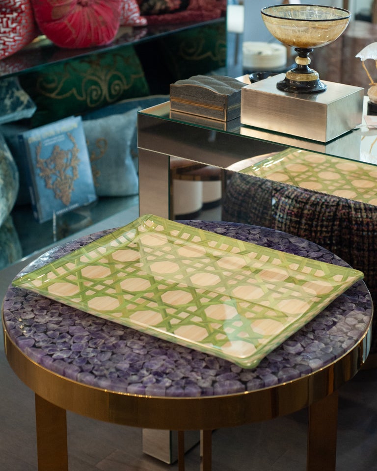 CONTEMPORARY WOVEN CANE PRINT ACRYLIC SERVING TRAY IN GREEN