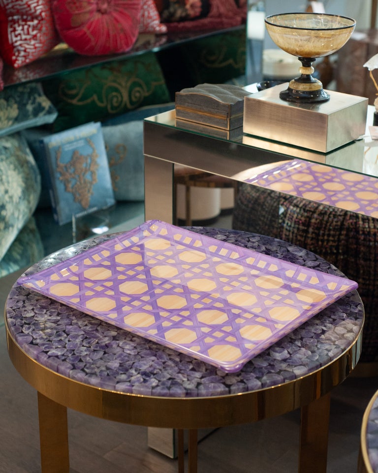 CONTEMPORARY WOVEN CANE PRINT ACRYLIC SERVING TRAY IN LILAC