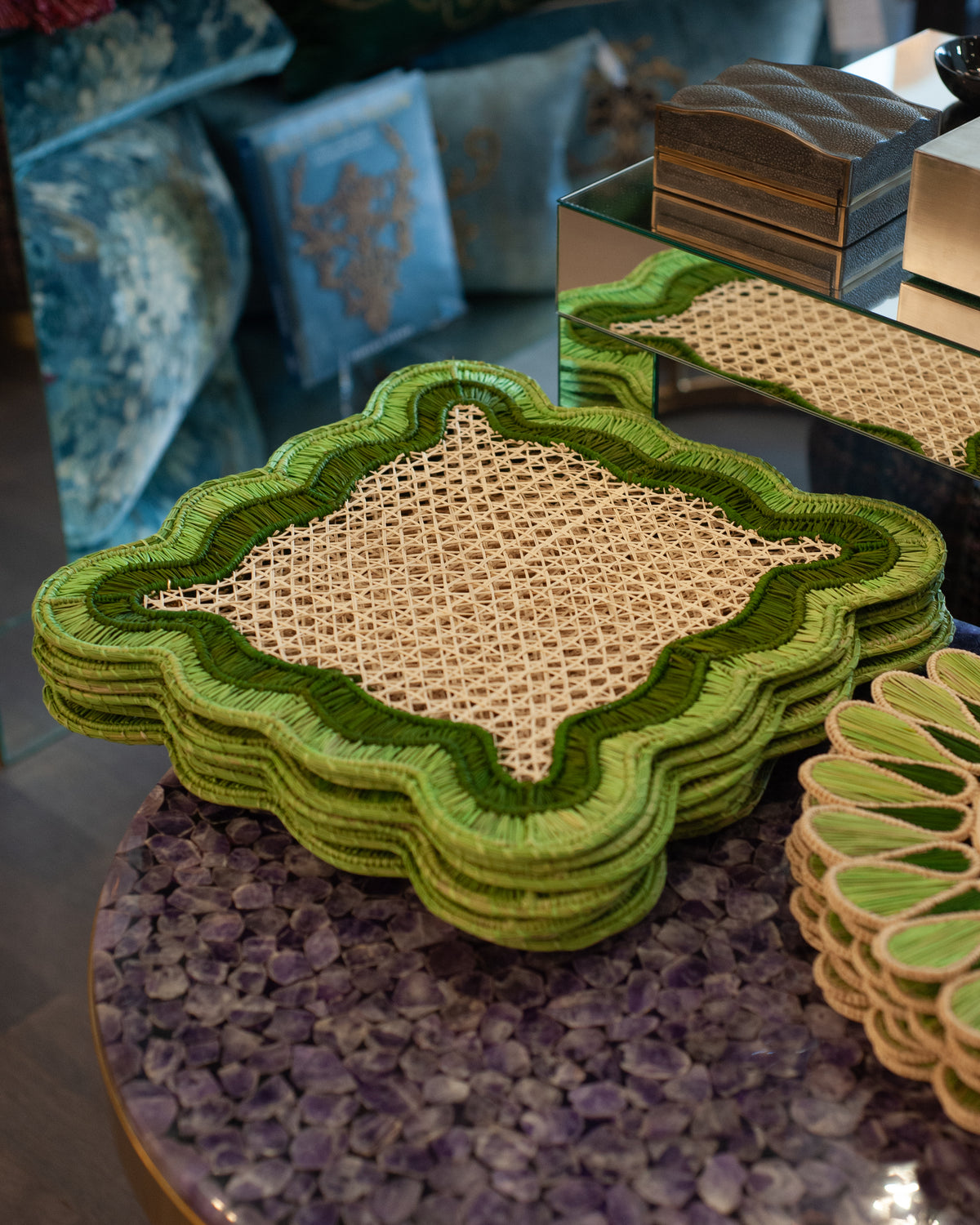 CONTEMPORARY SET OF 8 HANDWOVEN NATURAL RATTAN WAVES PLACEMATS