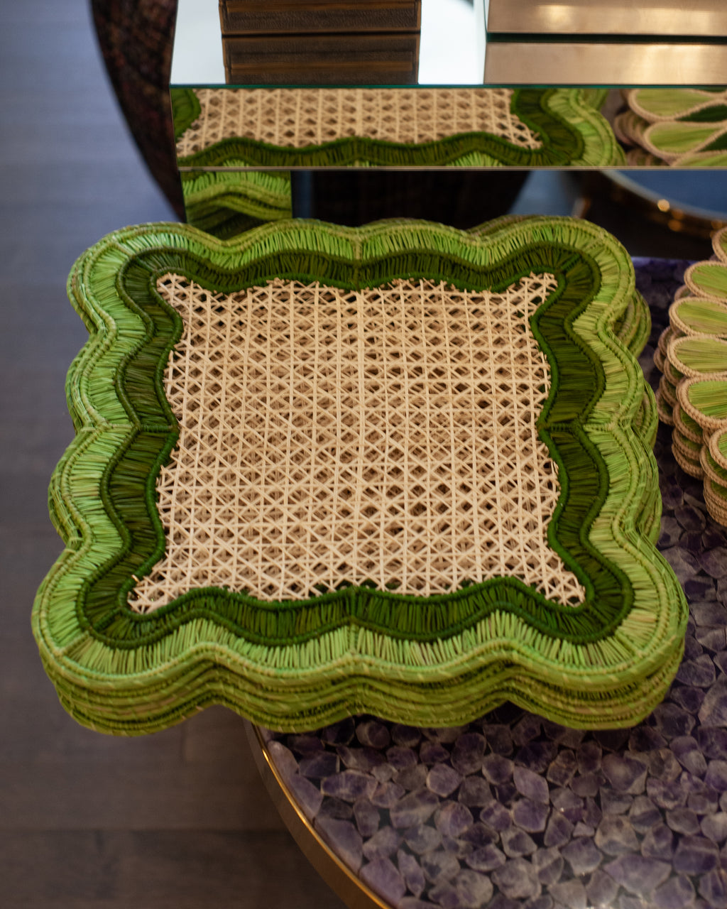 CONTEMPORARY SET OF 8 HANDWOVEN NATURAL RATTAN WAVES PLACEMATS