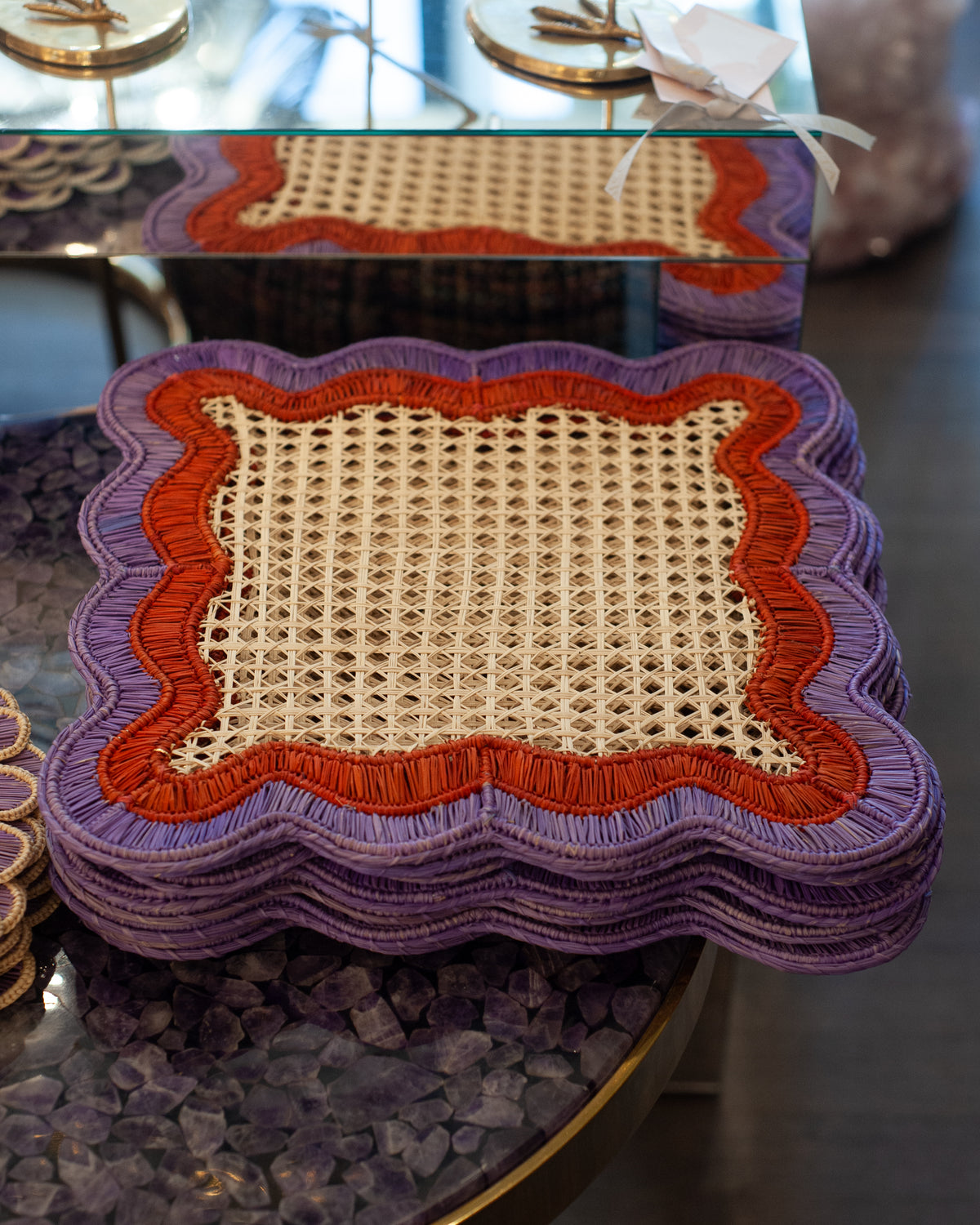 CONTEMPORARY SET OF 8 HANDWOVEN NATURAL RATTAN WAVES PLACEMATS