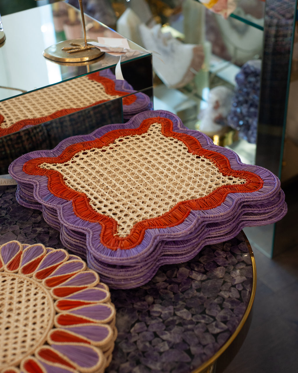 CONTEMPORARY SET OF 8 HANDWOVEN NATURAL RATTAN WAVES PLACEMATS