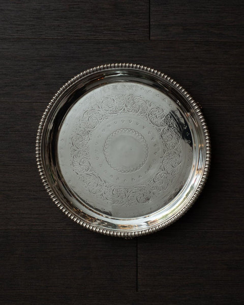 ANTIQUE SILVER PLATE ROUND FOOTED SERVING TRAY