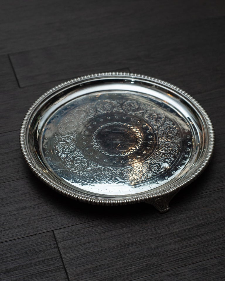 ANTIQUE SILVER PLATE ROUND FOOTED SERVING TRAY