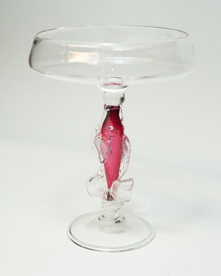 CONTEMPORARY LARGE PINK BLOWN GLASS FISH PLATTER / FOOTED BOWL