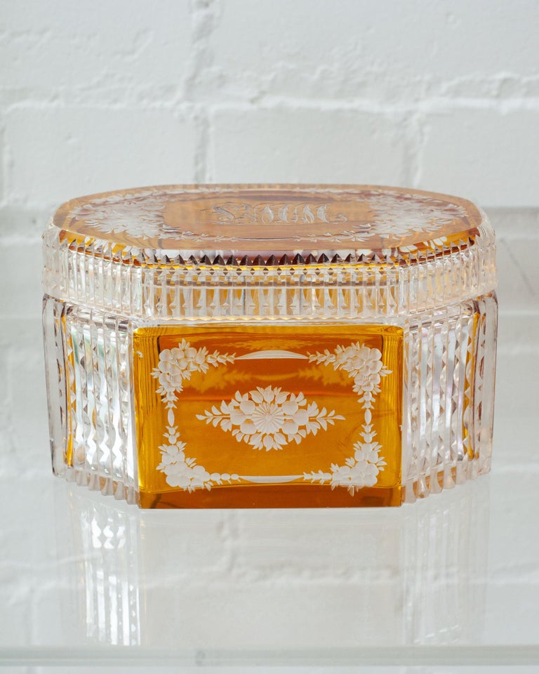 ANTIQUE AMBER ORANGE BOHEMIAN CUT CRYSTAL BOX WITH LID