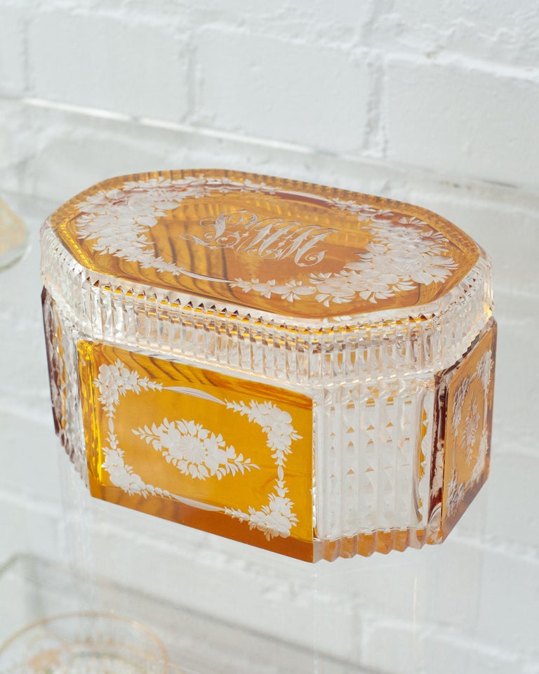 ANTIQUE AMBER ORANGE BOHEMIAN CUT CRYSTAL BOX WITH LID