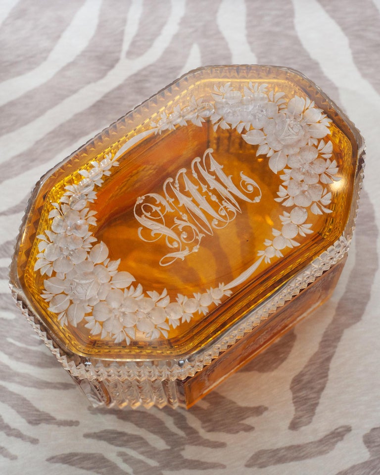 ANTIQUE AMBER ORANGE BOHEMIAN CUT CRYSTAL BOX WITH LID