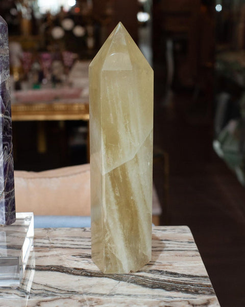 CONTEMPORARY LARGE GREEN ONYX OBELISK / CRYSTAL POINT