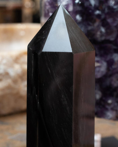 CONTEMPORARY BLACK OBSIDIAN OBELISK / CRYSTAL POINT