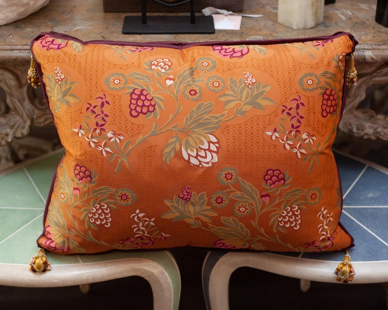 STUDIO MAISON NURITA RED-ORANGE SILK BROCADE PILLOW WITH ORNATE FLORAL EMBROIDERY