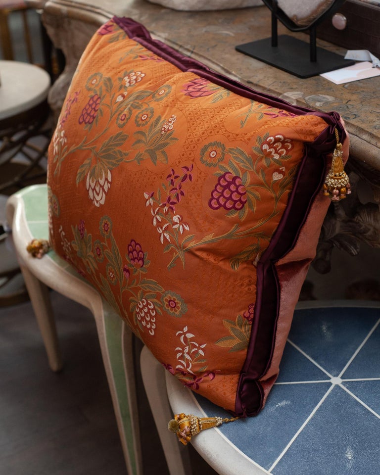 STUDIO MAISON NURITA RED-ORANGE SILK BROCADE PILLOW WITH ORNATE FLORAL EMBROIDERY