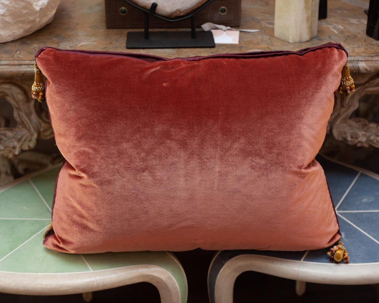 STUDIO MAISON NURITA RED-ORANGE SILK BROCADE PILLOW WITH ORNATE FLORAL EMBROIDERY