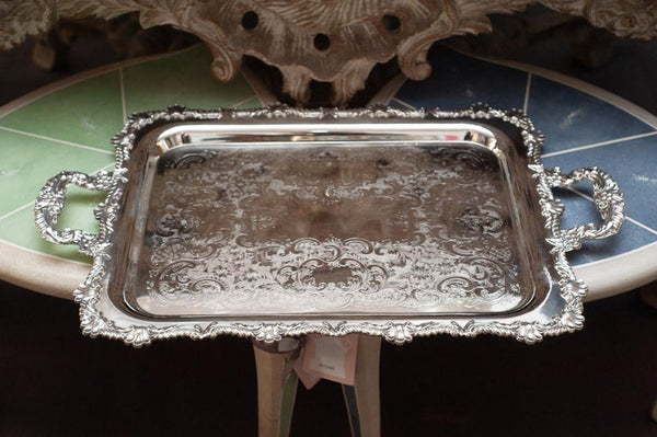 ANTIQUE RIDEAU LARGE SILVER PLATE RECTANGULAR SERVING TRAY WITH HANDLES