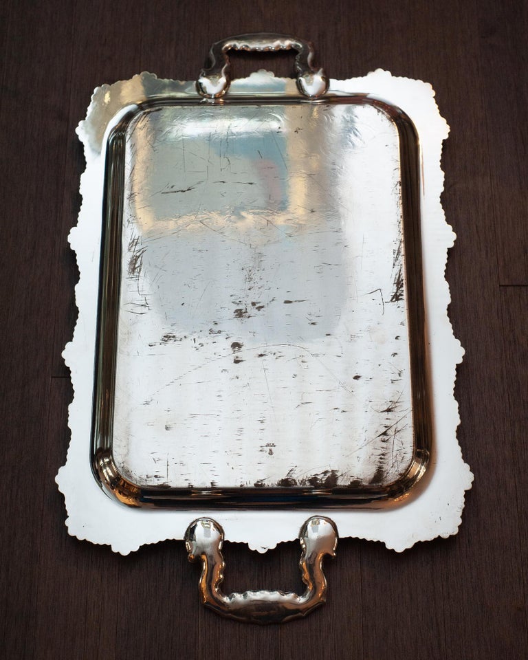 ANTIQUE RIDEAU LARGE SILVER PLATE RECTANGULAR SERVING TRAY WITH HANDLES
