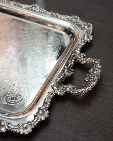 ANTIQUE RIDEAU LARGE SILVER PLATE RECTANGULAR SERVING TRAY WITH HANDLES
