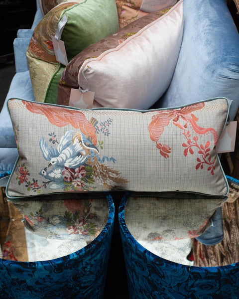 STUDIO MAISON NURITA DOCUMENT PRINT BROCADE WITH BLUEBIRDS & SILK VELVET PILLOW