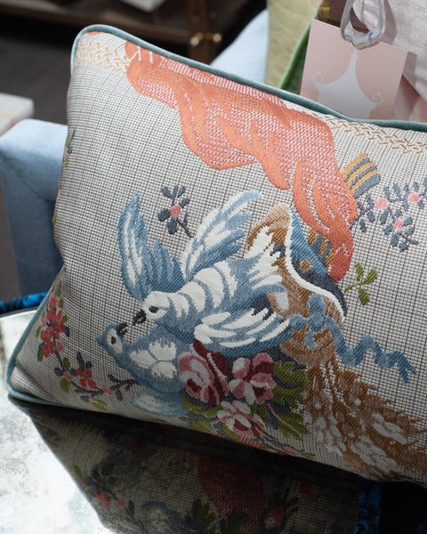 STUDIO MAISON NURITA DOCUMENT PRINT BROCADE WITH BLUEBIRDS & SILK VELVET PILLOW