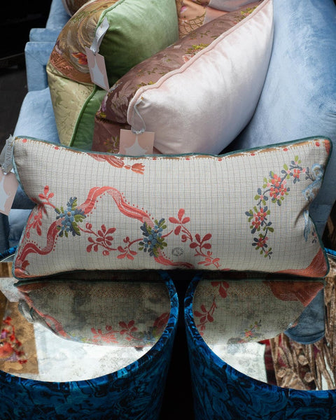 STUDIO MAISON NURITA DOCUMENT PRINT BROCADE WITH BLUEBIRDS & SILK VELVET PILLOW