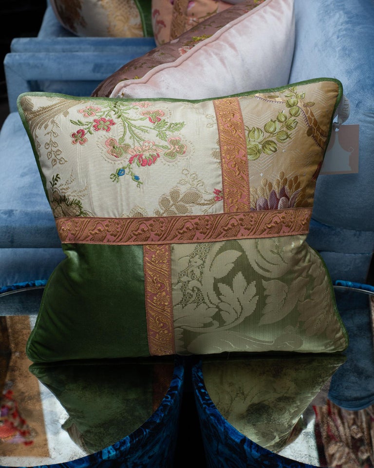 STUDIO MAISON NURITA FLORAL AND PATCHWORK SILK VELVET PILLOW WITH METALLIC TRIMS
