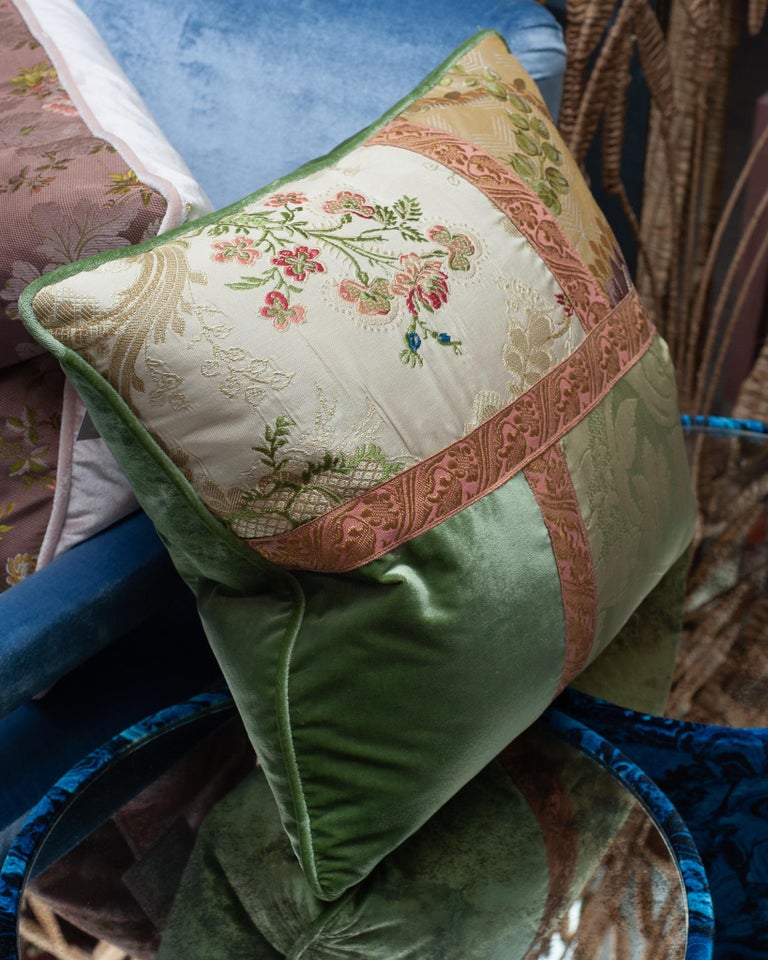 STUDIO MAISON NURITA FLORAL AND PATCHWORK SILK VELVET PILLOW WITH METALLIC TRIMS