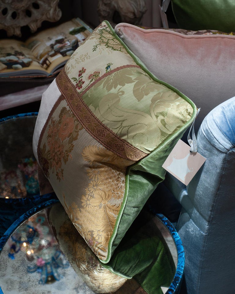 STUDIO MAISON NURITA FLORAL AND PATCHWORK SILK VELVET PILLOW WITH METALLIC TRIMS
