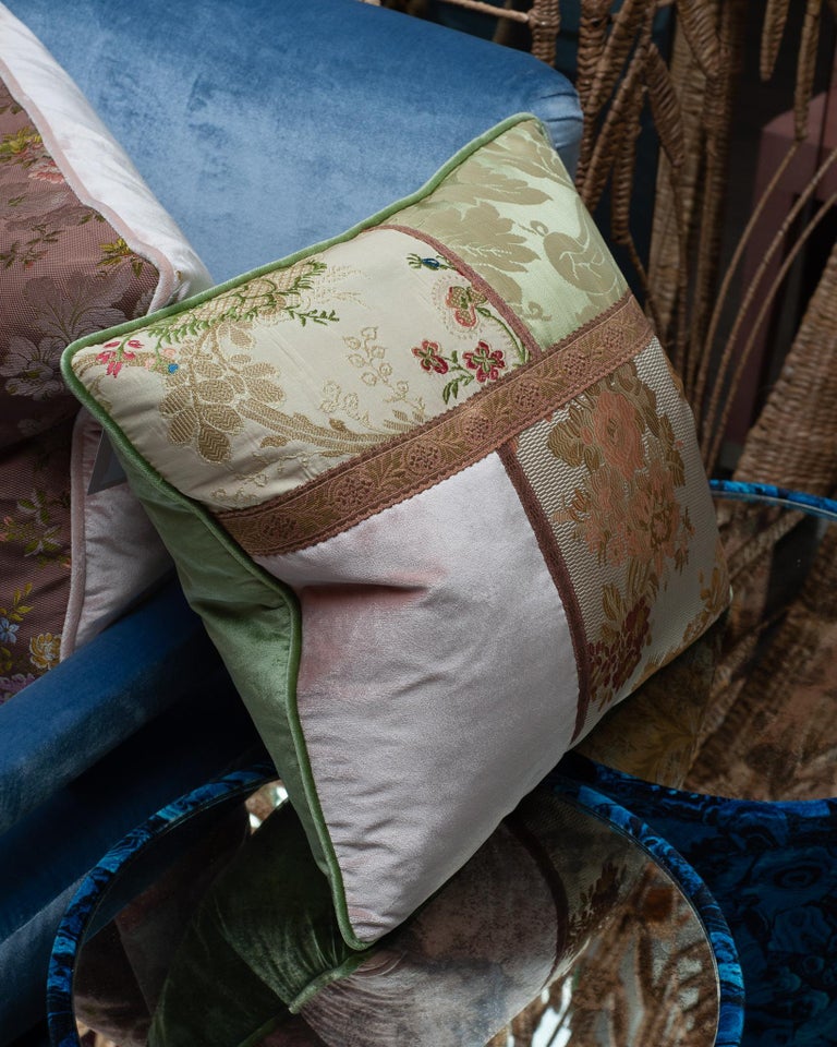 STUDIO MAISON NURITA FLORAL AND PATCHWORK SILK VELVET PILLOW WITH METALLIC TRIMS