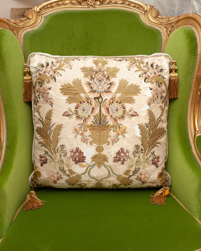 CREAM SILK PILLOW WITH ANTIQUE EMBROIDERED TEXTILE PANEL AND METALLIC TASSELS