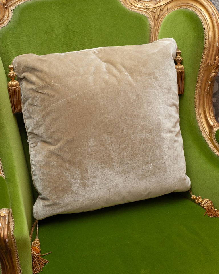 CREAM SILK PILLOW WITH ANTIQUE EMBROIDERED TEXTILE PANEL AND METALLIC TASSELS