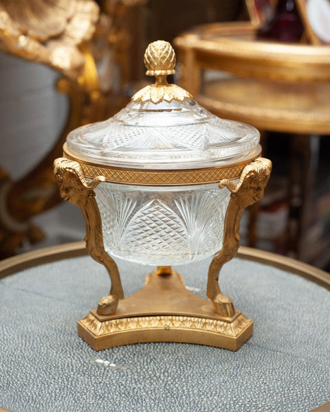 ANTIQUE FRENCH CUT CRYSTAL CANDY BOWL WITH BRONZE FOOTED BASE