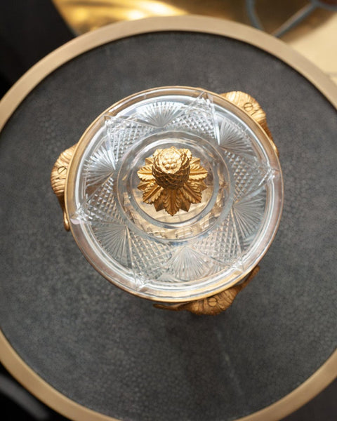 ANTIQUE FRENCH CUT CRYSTAL CANDY BOWL WITH BRONZE FOOTED BASE