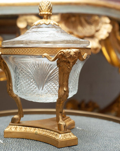 ANTIQUE FRENCH CUT CRYSTAL CANDY BOWL WITH BRONZE FOOTED BASE