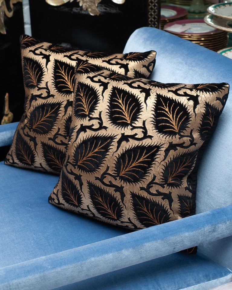PAIR OF BLACK AND GOLD VENETIA STUDIUM SILK VELVET PILLOWS
