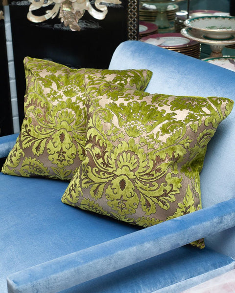 PAIR OF FORTUNY CHARTREUSE GREEN AND GOLD SILK VELVET PILLOWS