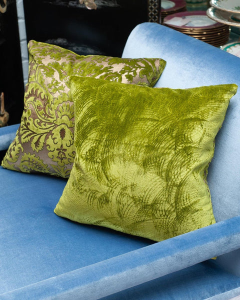 PAIR OF FORTUNY CHARTREUSE GREEN AND GOLD SILK VELVET PILLOWS