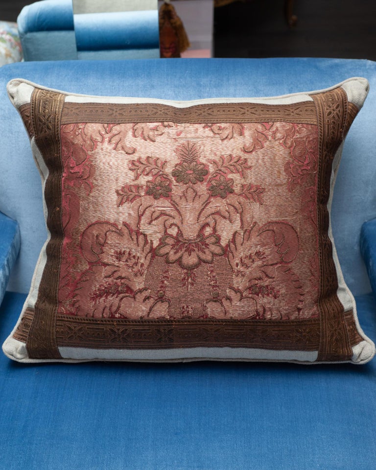 BEIGE LINEN PILLOW WITH RED ANTIQUE EMBROIDERED TEXTILE PANEL