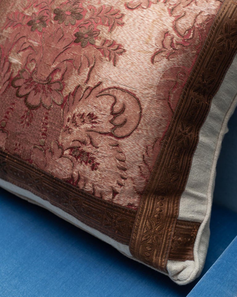 BEIGE LINEN PILLOW WITH RED ANTIQUE EMBROIDERED TEXTILE PANEL