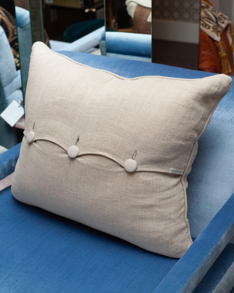 BEIGE LINEN PILLOW WITH RED ANTIQUE EMBROIDERED TEXTILE PANEL