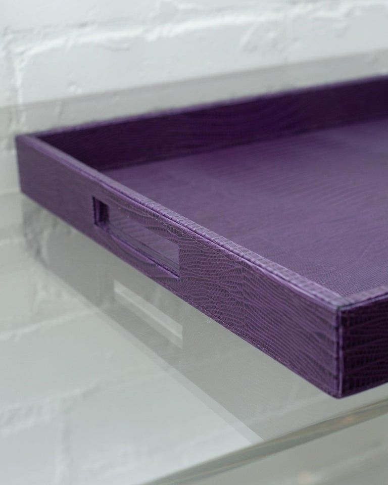 CONTEMPORARY PURPLE LIZARD EMBOSSED LEATHER LARGE SQUARE TRAY