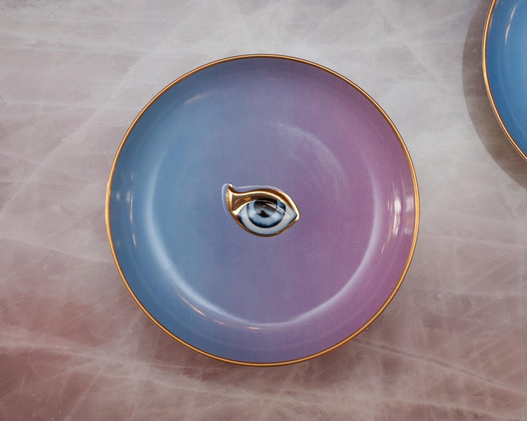 CONTEMPORARY BLUE TO PINK GRADIENT PORCELAIN DISH WITH EYE AND GILDING
