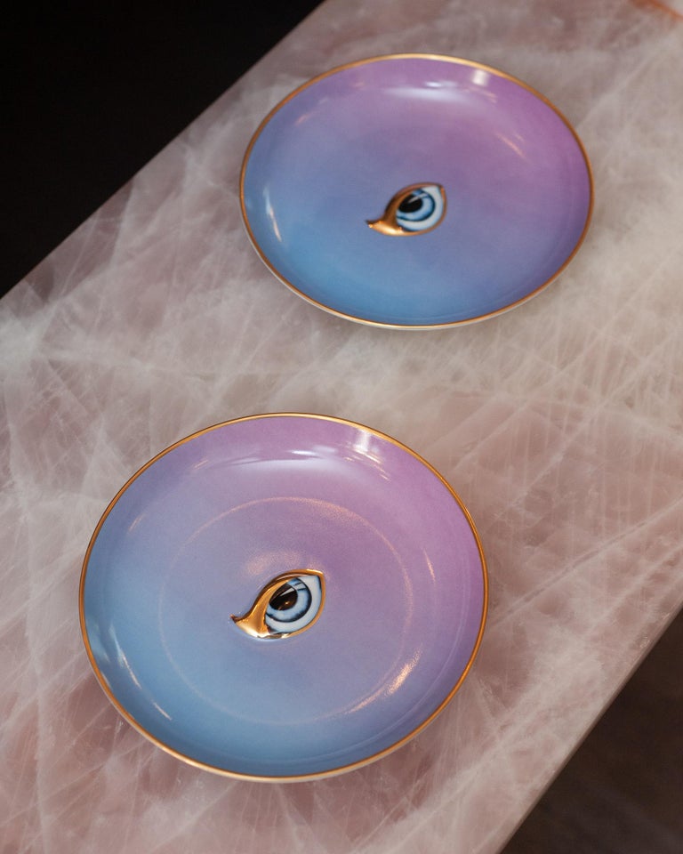 CONTEMPORARY BLUE TO PINK GRADIENT PORCELAIN DISH WITH EYE AND GILDING