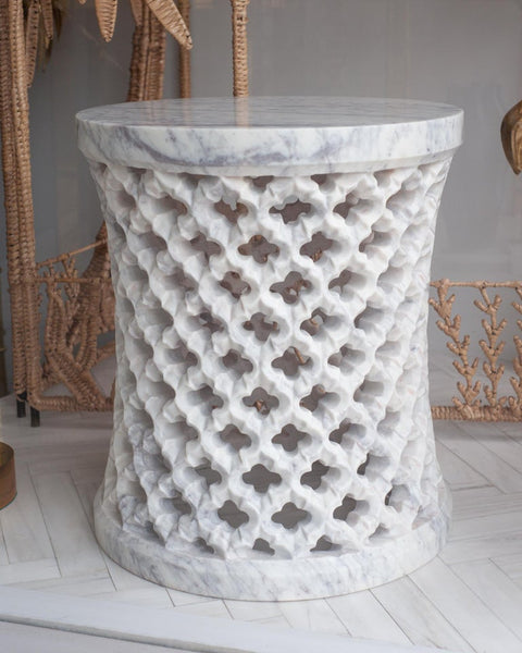 CONTEMPORARY HAND CARVED WHITE MARBLE JALI TABLE